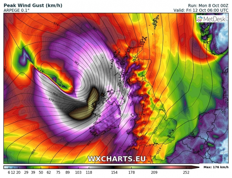 tempesta di vento irlanda 12 ottobre venti massimi