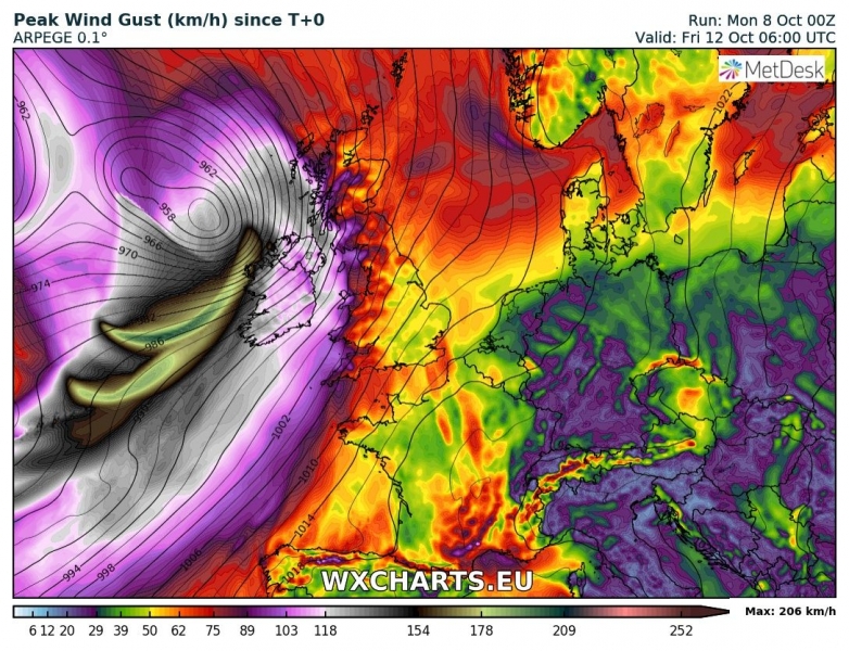 tempesta di vento irlanda 12 ottobre venti massimi