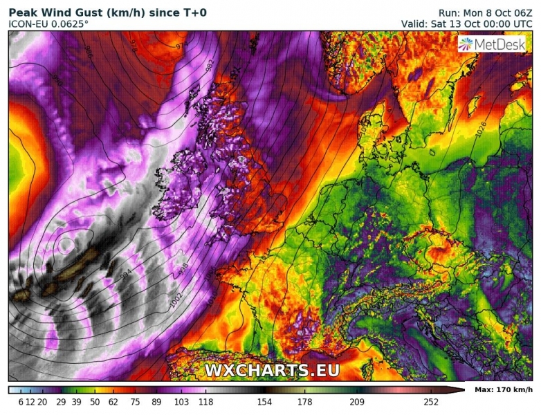 tempesta di vento irlanda 13 ottobre venti massimi