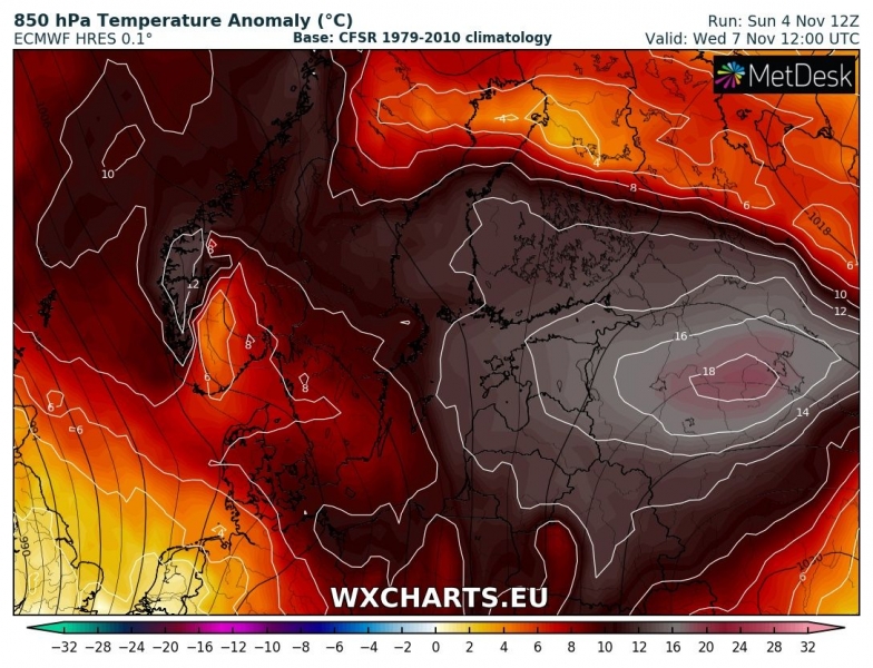 caldo est europa 7 novembre anomalia termica