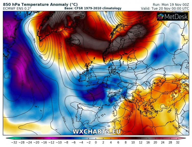 previsioni meteo europa 20 novembre anomalia termica