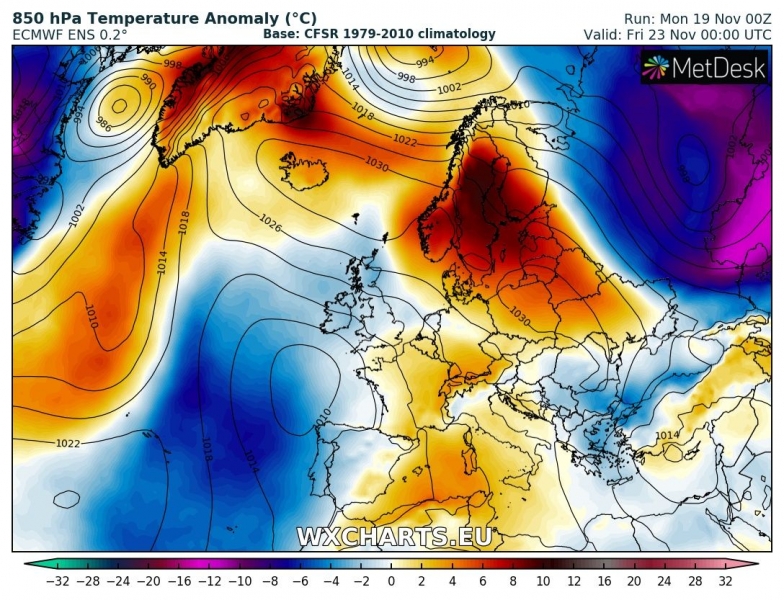 previsioni meteo europa 23 novembre anomalia termica