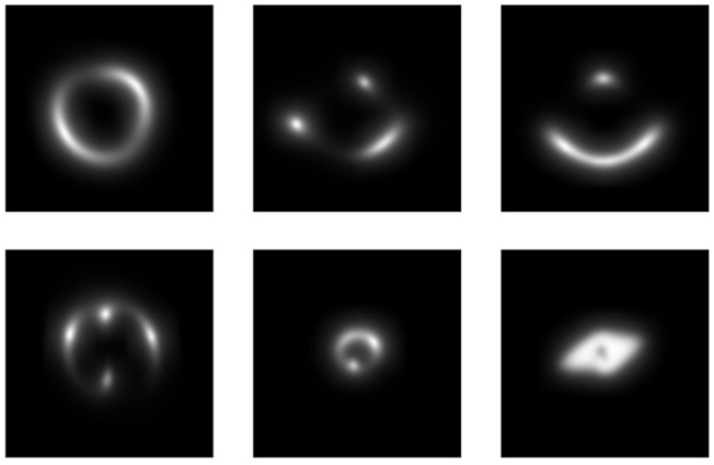 Alcuni esempi di archi gravitazionali simulati, utilizzati per addestrare la rete neurale a riconoscere lenti gravitazionali reali. Crediti: Petrillo, Tortora et alt.