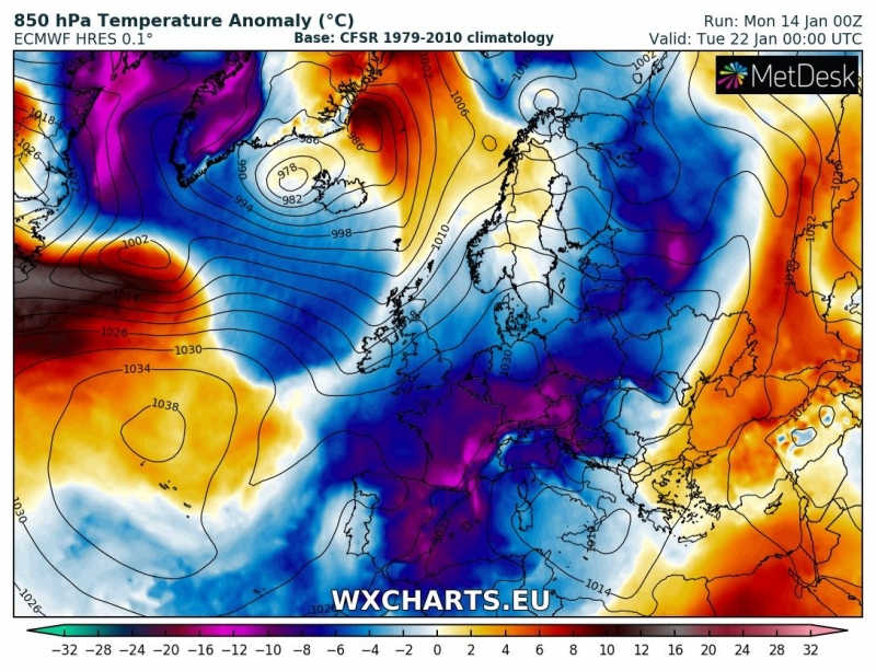 previsioni meteo freddo europa 22 gennaio anomalia termica