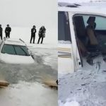 In auto sul lago congelato ma il ghiaccio cede improvvisamente: terrore per una coppia in Cina [FOTO e VIDEO]