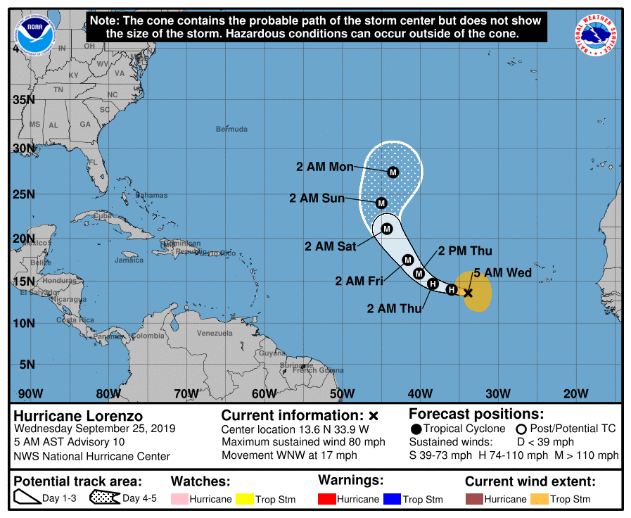 uragano lorenzo direzione