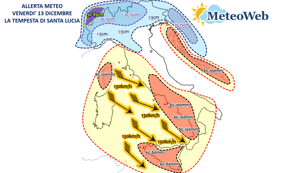 allerta meteo venerdì 13 dicembre italia tempesta di santa lucia