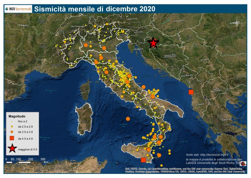 Terremoti, le mappe mensili della sismicità a dicembre 1224 eventi, 12