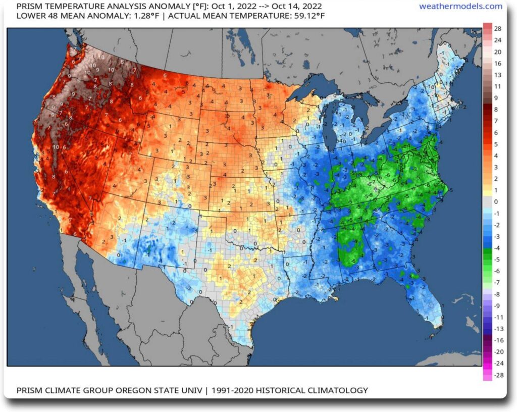 anomalia temperatura usa 1-14 ottobre 2022