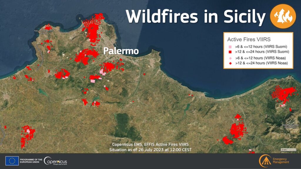 mappa di EFFIS, punti caldi degli incendi nel Palermitano