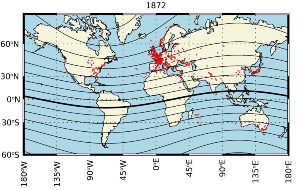 tempesta geomagnetica mappa aurore 1872