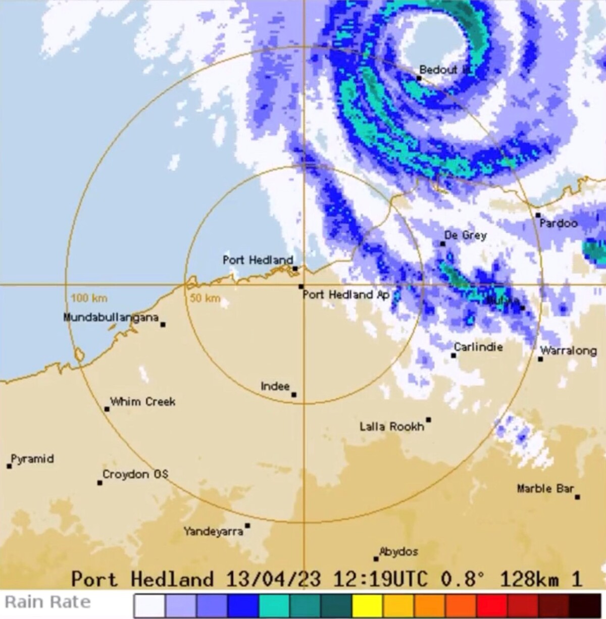 Immagini radar del ciclone Ilsa sull'isola di Bedout il 13 aprile 2023. Credit: Australian Bureau of Meteorology.