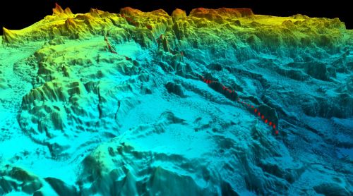 Rappresentazione a colori e in 3D dei vulcani rilvati. in rosso l'allineamento di vulcani sulle faglie