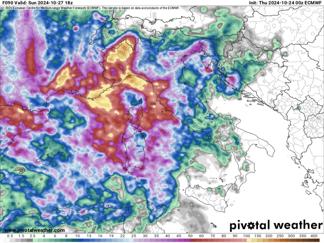 Accumuli di pioggia previsti 