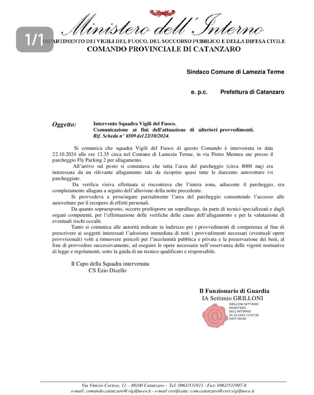 Intervento Vigili del Fuoco Lamezia Terme