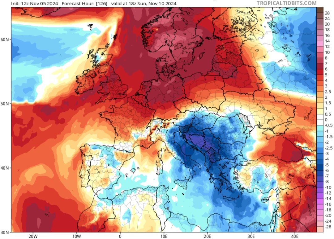 Mappa temperature ad 850 hPa 10 novembre 