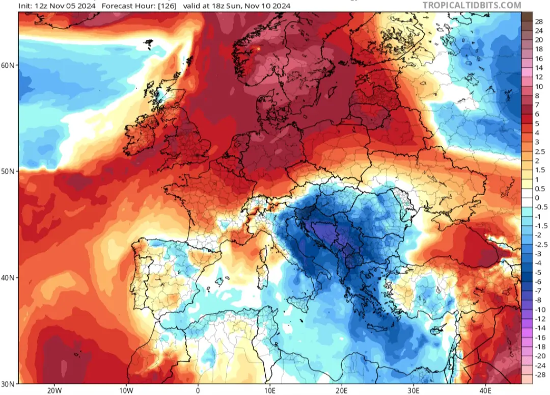 Mappa temperature ad 850 hPa 10 novembre 