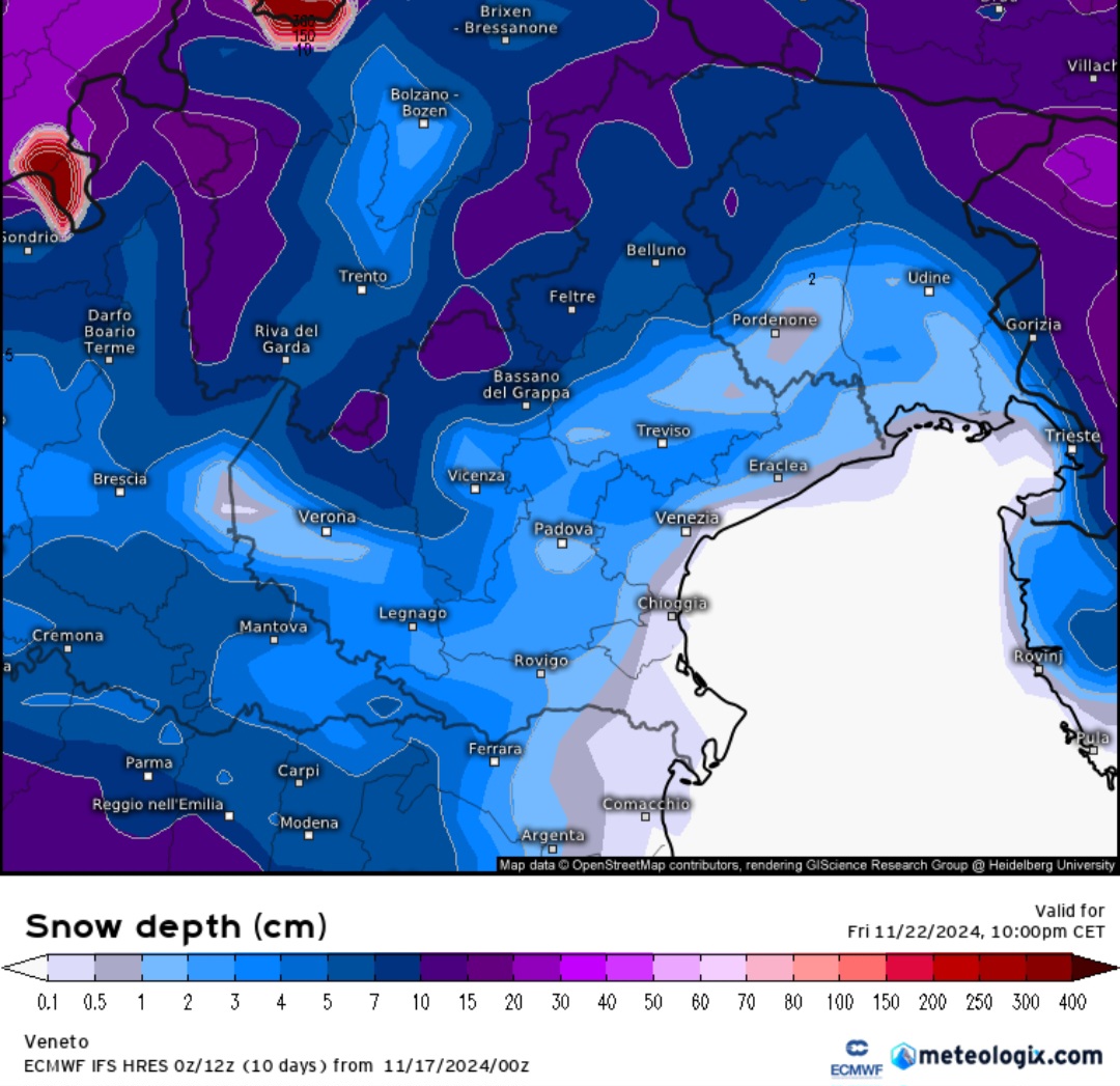 Neve prevista in Veneto venerdì 22 novembre 