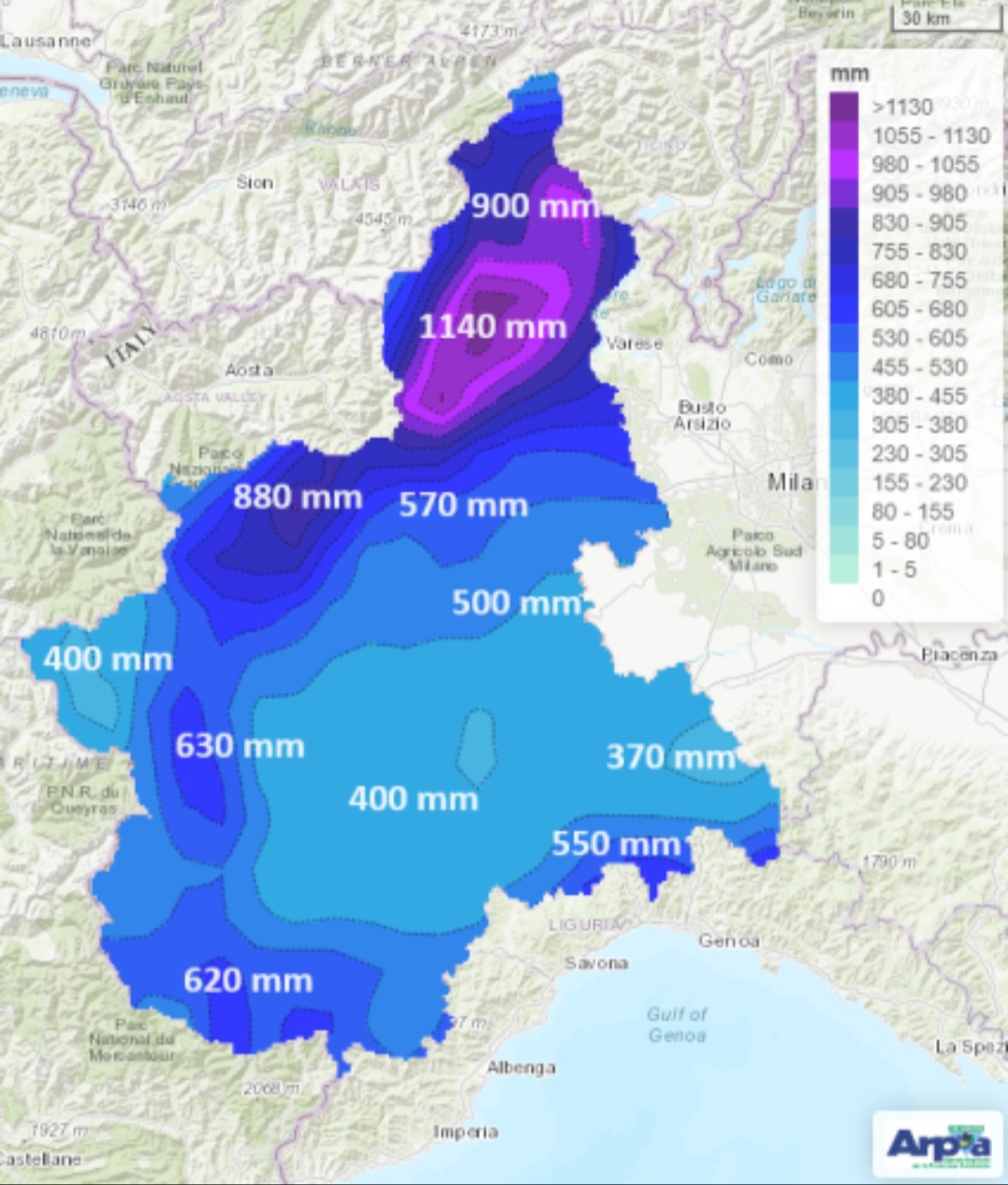 Piogge cumulate in Piemonte nel 2024