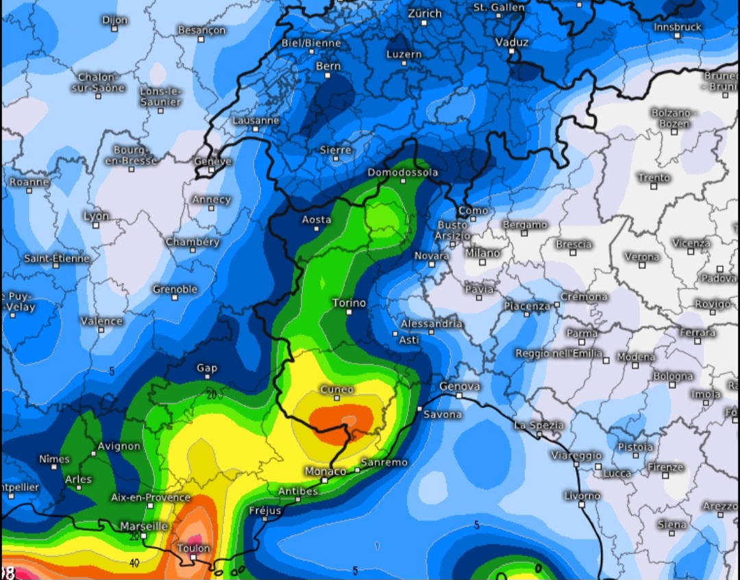 Pioggia prevista in Piemonte 