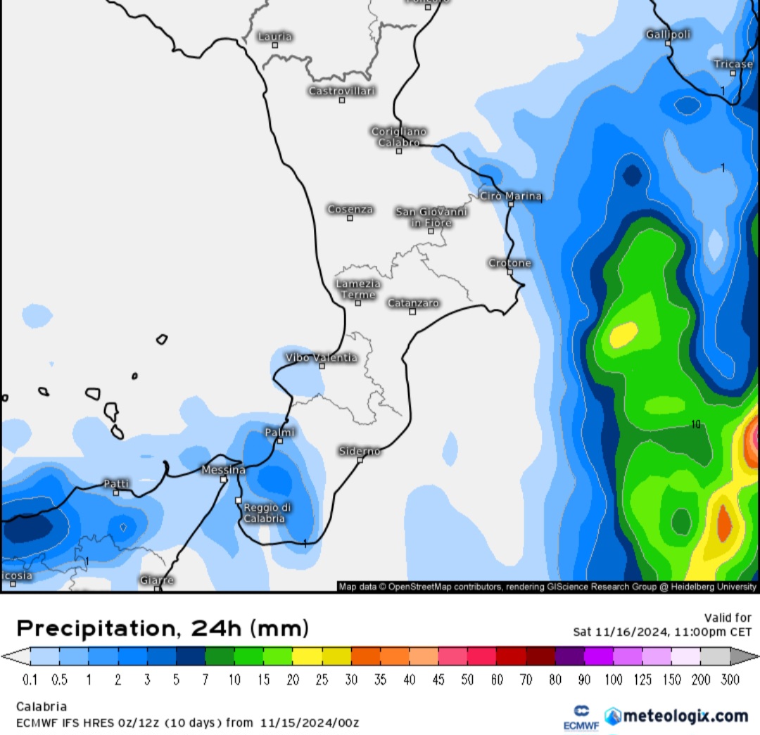 Precipitazioni previste in Calabria 