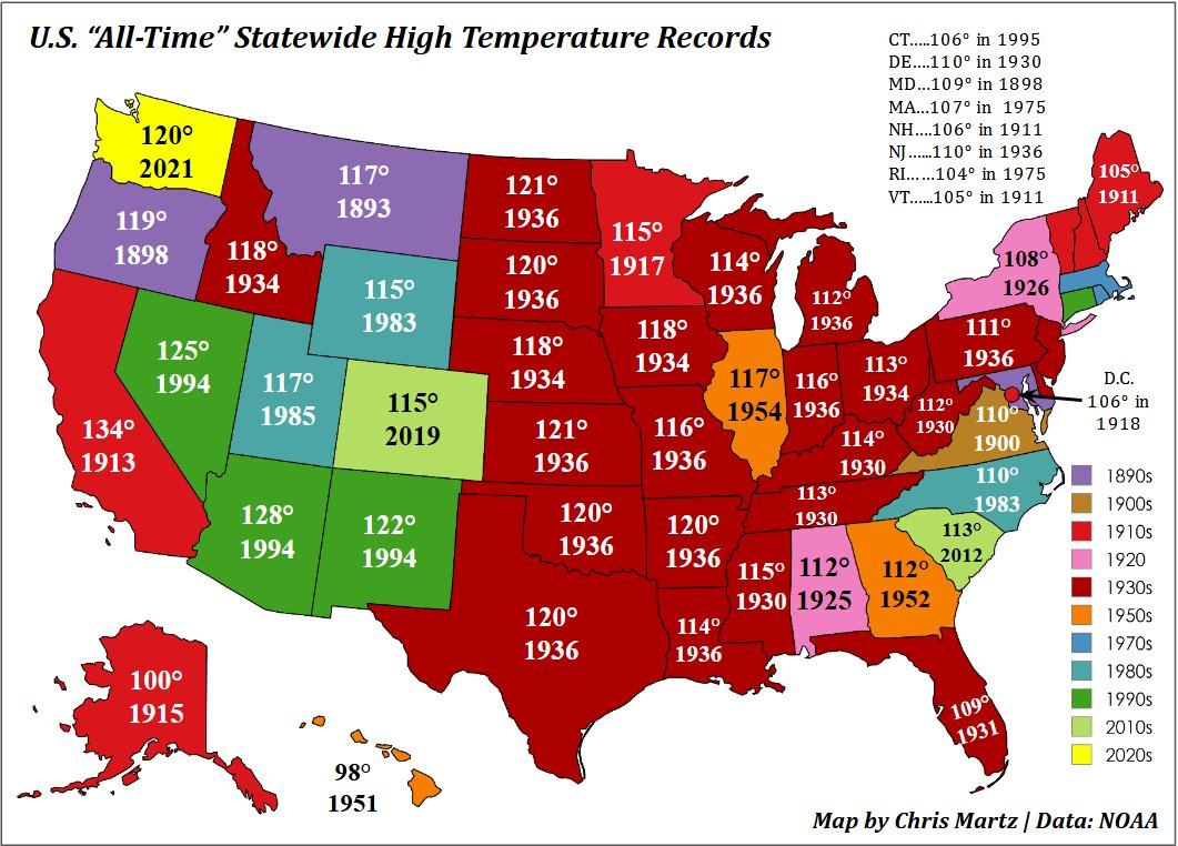 record temperature massime assolute stati USA