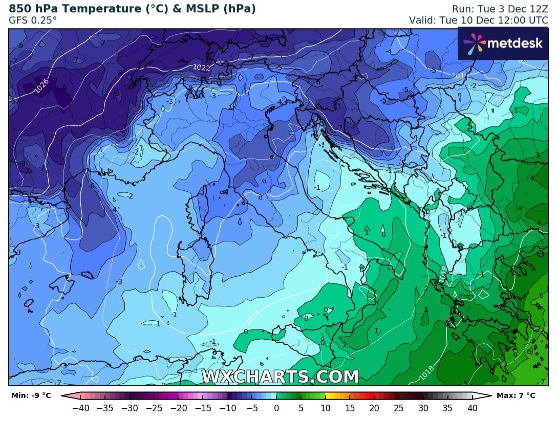 Temperature ad 850 hPa previste per il 10 dicembre 